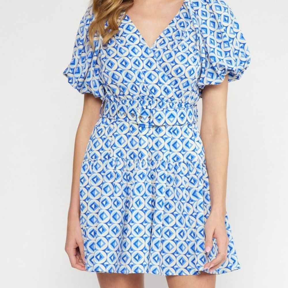 NWT Entro Blue Geo Print V-Neck Puff Sleeve Mini Dress